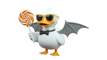 3D Cartoon Duck with Bat Wings, Sunglasses, and Lollipop