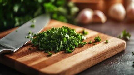 Freshly chopped herbs on a wooden cutting board, perfectly lit, ideal for cooking, culinary presentations, or food recipes.