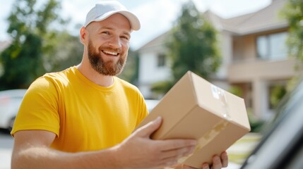 Happy delivery person holding a package outside a home, showcasing the joy of receiving parcels and customer service excellence.