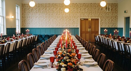 Elegant Long Banquet Table Set for Celebration in Bright Room with Candlelit Decor