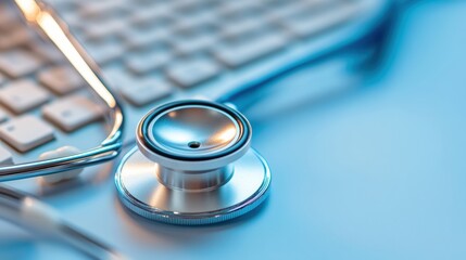 Modern healthcare tools symbolize the connection between technology and medicine, showcasing a stethoscope beside a computer keyboard.