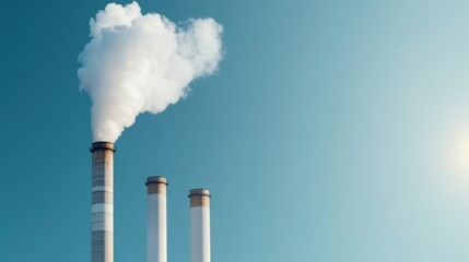 Pollution from industrial smokestacks releasing emissions into the atmosphere against a clear blue sky.
