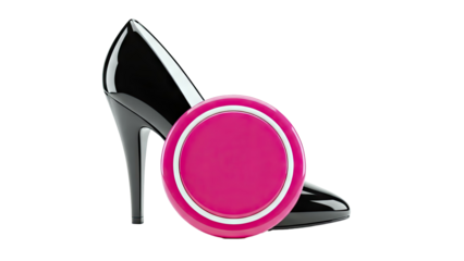 Black high heel shoe with a pink and white circular object