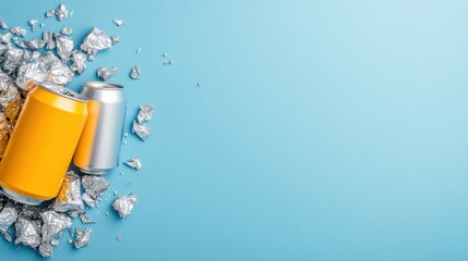 Refreshing aluminum cans of soda with ice on a blue background, perfect for advertising and marketing beverages.