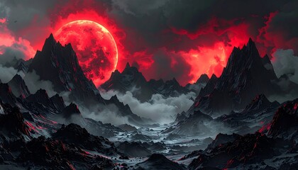 A dramatic landscape featuring jagged mountain peaks under an ominous, fiery red sky and a large, full celestial body