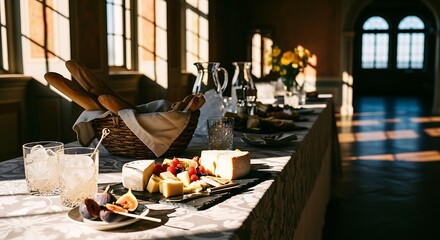 Elegant Dining Table Set with Cheese Fruit Bread and Glassware in Sunlit Historic Room