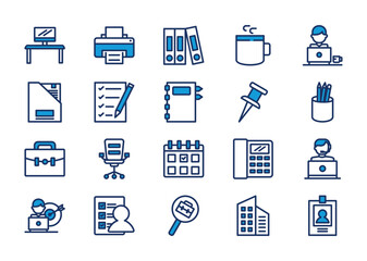 Office thin blue icon set. Containing work desk, printer, filing, coffee, worker, box file, checklist, book