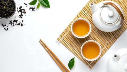 A flat lay showcases a tea set arrangement. Two cups of brewed tea, teapot, bowls of loose leaves, chopsticks, and green leaves are artfully set