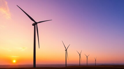 Stunning wind turbines at sunset, capturing renewable energy against a colorful sky. A symbol of sustainable progress and innovation.