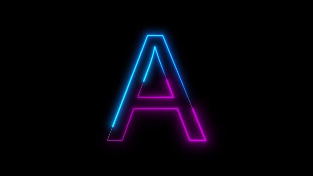 Glowing neon English capital letter A animation on a black background. Modern neon typography perfect for logo reveals, titles, intros, education, branding, motion graphics, and futuristic designs.