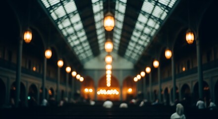 Interior of Large Historic Train Station with Arching Glass Roof and Warm Lighting