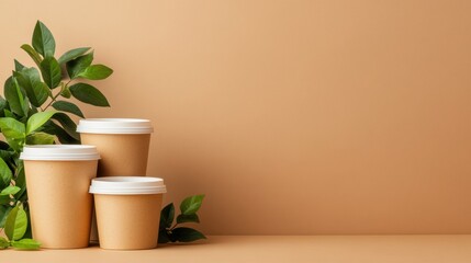 Three eco-friendly cups with lids are arranged beside vibrant green leaves on a warm, neutral backdrop. Perfect for sustainable designs.