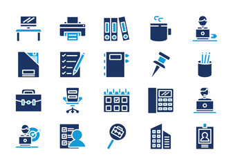 Office thin solid icon set. Containing work desk, printer, filing, coffee, worker, box file, checklist, book