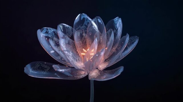 Glowing translucent lotus with circuit pattern and warm core translucent lotus with glowing
