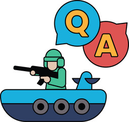Naklejka premium A man in a military uniform is holding a gun and riding a boat