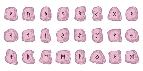 Set of hand drawn viking runes Rune stones with ancient norse alphabet characters engraved on them Scandinavian futhark germanic celtic Single element for design, print, web, decor