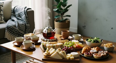 Elegant Breakfast Table with Tea Coffee Sandwiches Fruit Pastries and Salad in Cozy Modern Home