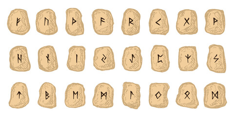 Set of hand drawn viking runes Rune stones with ancient norse alphabet characters engraved on them Scandinavian futhark germanic celtic Single element for design, print, web, decor