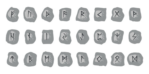 Set of hand drawn viking runes Rune stones with ancient norse alphabet characters engraved on them Scandinavian futhark germanic celtic Single element for design, print, web, decor