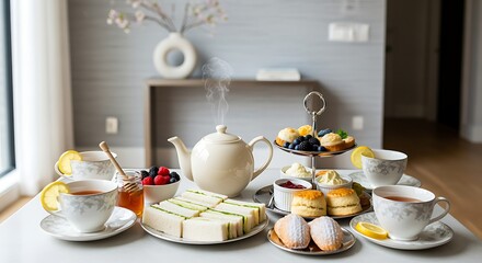 Elegant Afternoon Tea Set with Scones Fruit Tea and Pastries in Bright Modern Kitchen