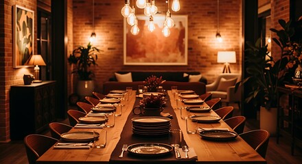 Elegant Dining Room with Warm Lighting and Modern Decor for Formal Dinner Events