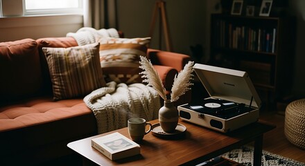 Cozy Living Room with Record Player Vase and Books in Warm Natural Light