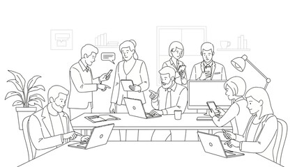Fototapeta premium Diverse team collaborating in a modern office, using laptops and smartphones.