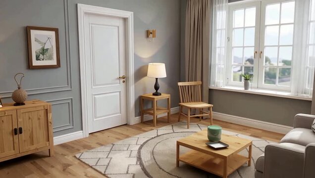 Cozy traditional living room with warm lighting and wooden furniture.