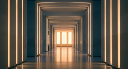 Modern Futuristic Corridor with Warm Lighting and Symmetrical Design