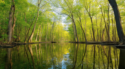 Obraz premium mirror. A serene forest scene reflected perfectly in still water, illuminated by golden sunlight filtering through trees. travel magazines.