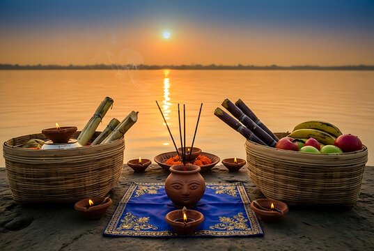 Traditional offerings with fruits and sugarcane at riverbank during sunrise for chhat puja or surya puja and surya shashti devotees celebrating ratha saptami and bhanu saptami