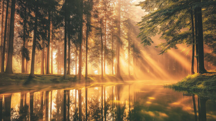 mirror. A serene forest scene reflected perfectly in still water, illuminated by golden sunlight filtering through trees. travel magazines.