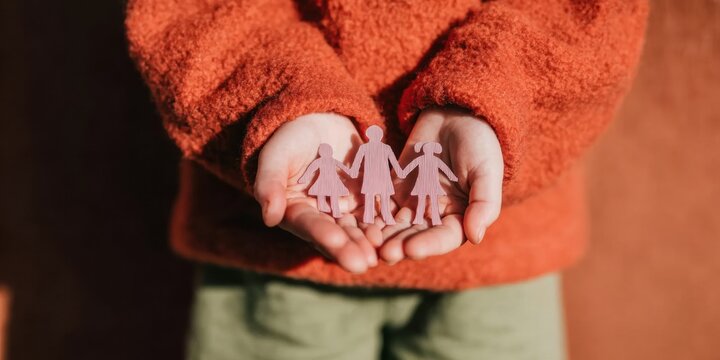 Little girl holding paper cutout family chain in hands, symbolizing fragile family structures and custody battles, for legal service advertising with copy space
