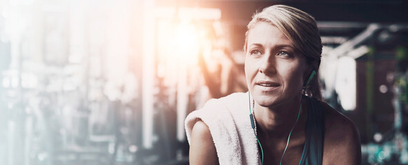 Thinking, woman and rest with earphones in gym for fitness recovery, workout break and flare....