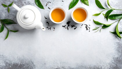 A flat lay showcases a white teapot and two teacups filled with amber liquid, along with green leaves and loose tea leaves, all set on a grey surface