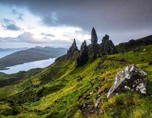 A dramatic landscape featuring jagged rock formations dominating lush green hills overlooking a serene lake and cloudy sky