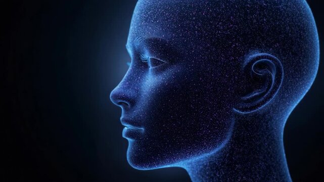 Digital female profile portrait with starry skin and glowing blue contour. ethereal humanoid face