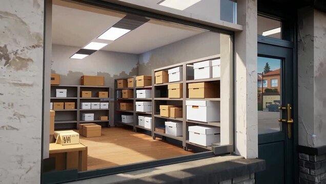 Exterior View of Mailbox Shopfront with Shelves and Boxes.