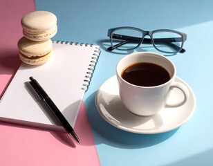 A flat lay showcases a workspace with macarons, notepad, pen, eyeglasses, and coffee on a dual-tone background