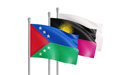 Flags of Dominica, Biafra, and North Rhine-Westphalia displayed on poles