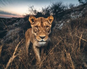 Fototapeta premium Authentic African Lioness Portrait Inspiring Wilderness Adventure and Leadership for Travel Marketing and Editorial Use