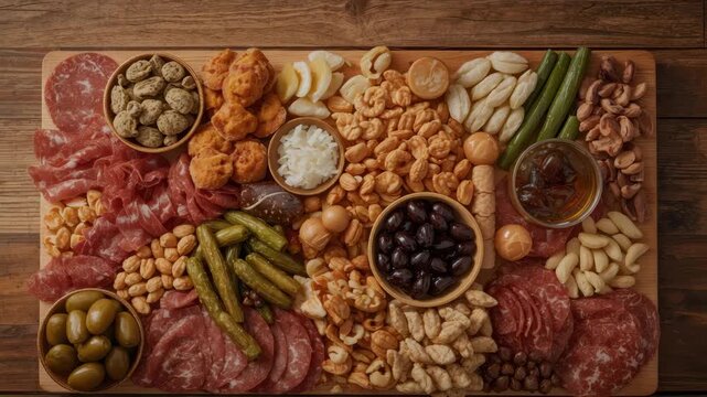 Charcuterie board with cured meat, olive, pickle, nut, cheese puff evoking cozy inviting gathering