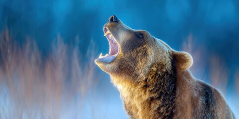 Obraz premium Majestic Bear Roaring Against Aurora Glow Premium Wildlife Documentation for Authentic Animal Behavior and Marketing Content