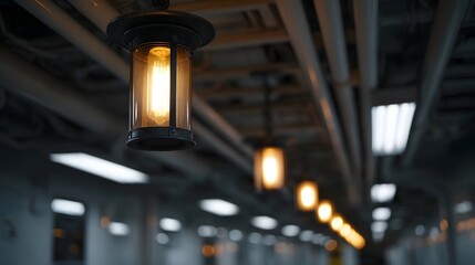 A row of vintage filament lamps illuminates a dimly lit industrial corridor with pipes on the ceiling