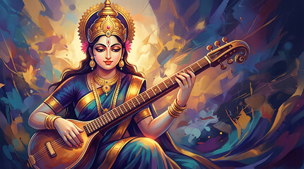 Colorful digital painting of goddess playing veena instrument for religious indian festival vasant panchami and saraswati puja