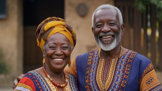 Happy Senior African Couple Traditional Attire Smiling Outdoors