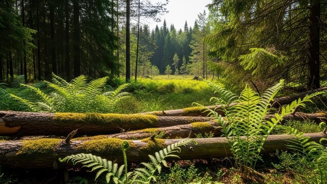 Serene forest landscape with sunlit ferns and moss-covered logs amidst tall evergreen trees in lush greenery - Powered by Adobe