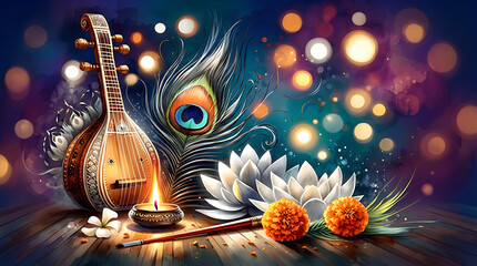 Musical veena instrument with peacock feather and glowing lamp for indian celebration vasant panchami and saraswati puja