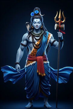 Standing blue skinned shiva deity holding trishul with damru and wearing blue flowers in hair for religious stock photo of mahashiv ratri and mahadev