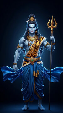 Full length standing posture of lord shiva holding trident weapon wearing tiger skin sash and blue dhoti for hindu holiday mahashiv ratri depicting mahadev